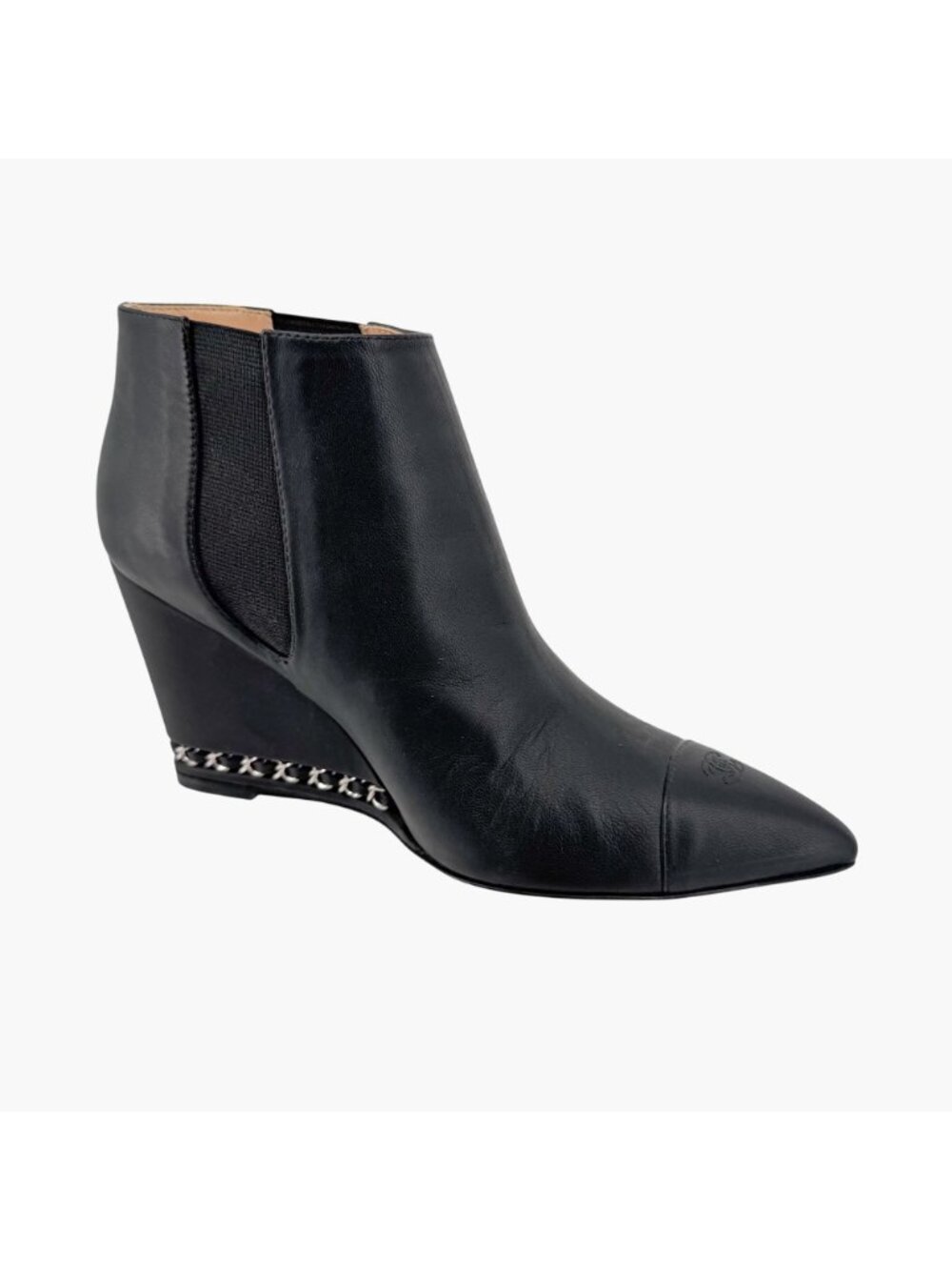 Chanel CC Black Leather Pointed Chain Wedge Ankle Boot Bootie Size 39.5 US 8.5-9 - Picture 11 of 16